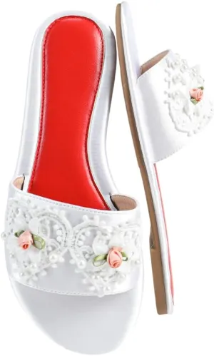 Women's Flat Bridal Slippers – Elegant Lace & Pearl Embellished Flats with Floral Detail, Romantic Indoor Wedding Shoes for Bride & Formal Events