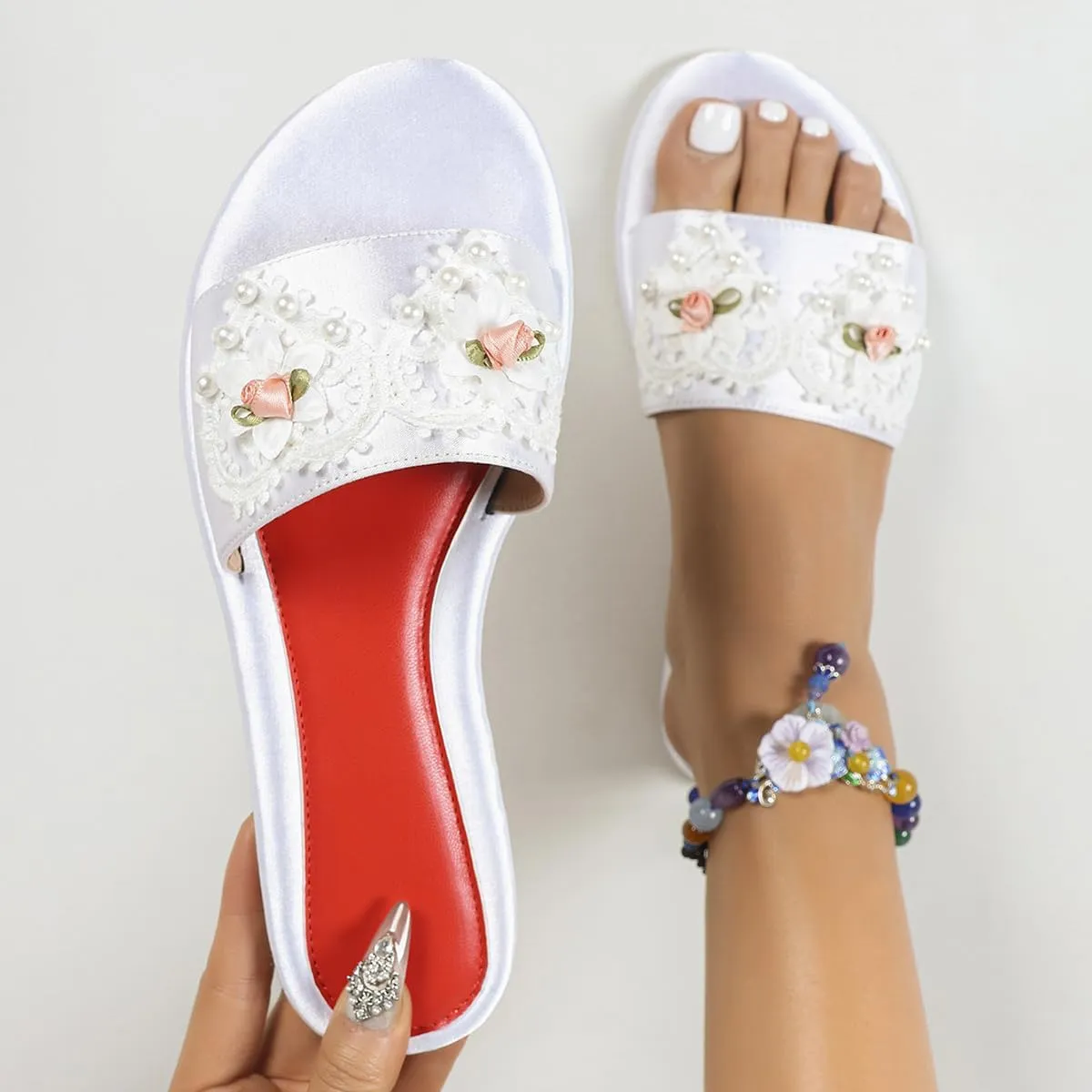 Women's Flat Bridal Slippers – Elegant Lace & Pearl Embellished Flats with Floral Detail, Romantic Indoor Wedding Shoes for Bride & Formal Events