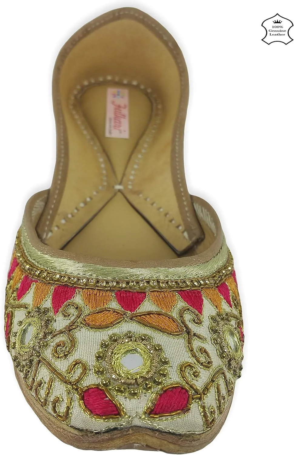 Women's Gulbahaar Gold Multicolor Genuine Soft Leather Juttis | Bite and Pinch Free Jutis | Punjabi Jutti For Ladies | Wedding Flat Stylish Mojari | Bridal Ethnic Flats For Girls |