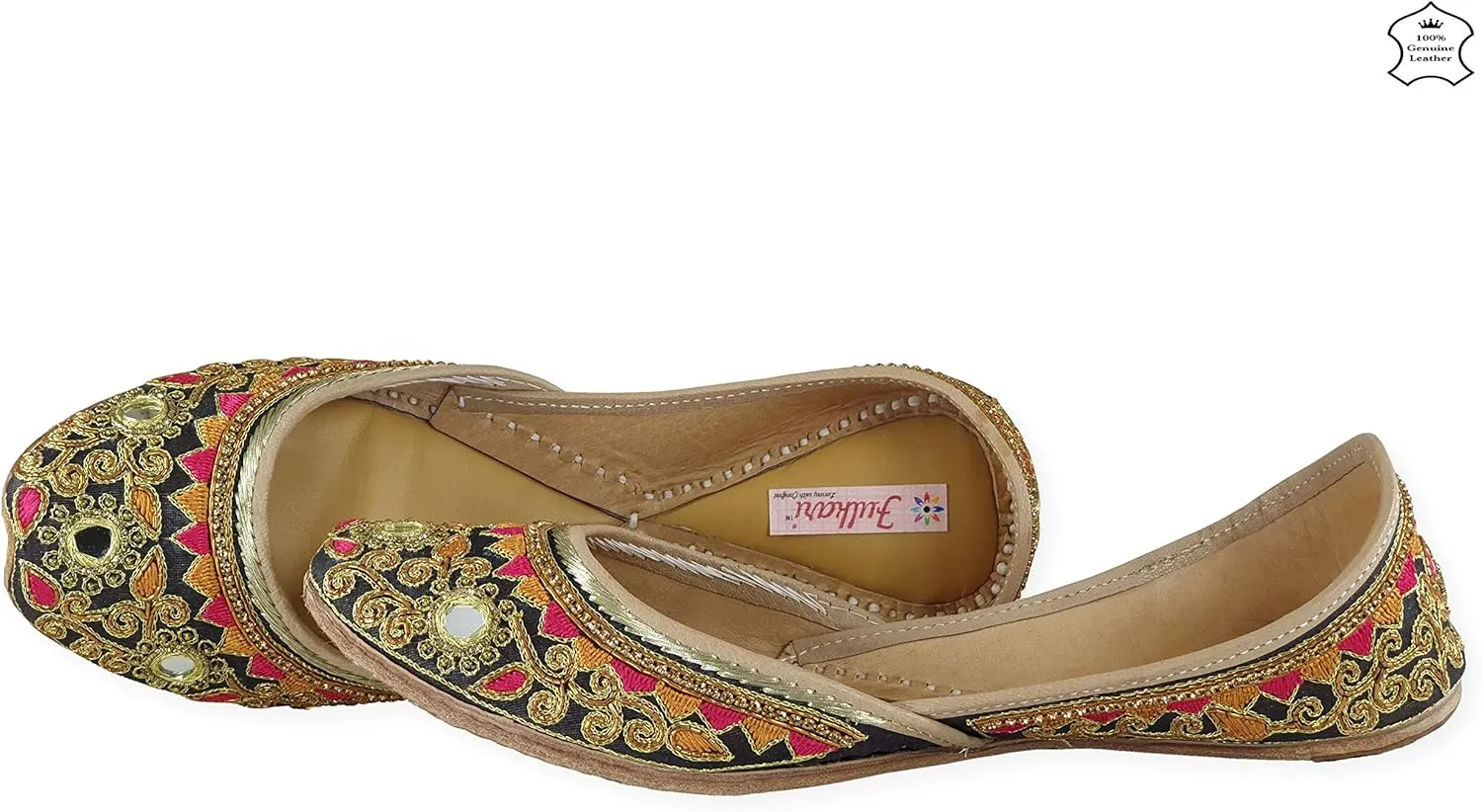 Women's Gulbahaar Gold Multicolor Genuine Soft Leather Juttis | Bite and Pinch Free Jutis | Punjabi Jutti For Ladies | Wedding Flat Stylish Mojari | Bridal Ethnic Flats For Girls |