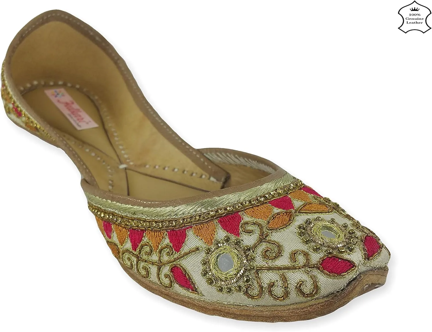 Women's Gulbahaar Gold Multicolor Genuine Soft Leather Juttis | Bite and Pinch Free Jutis | Punjabi Jutti For Ladies | Wedding Flat Stylish Mojari | Bridal Ethnic Flats For Girls |