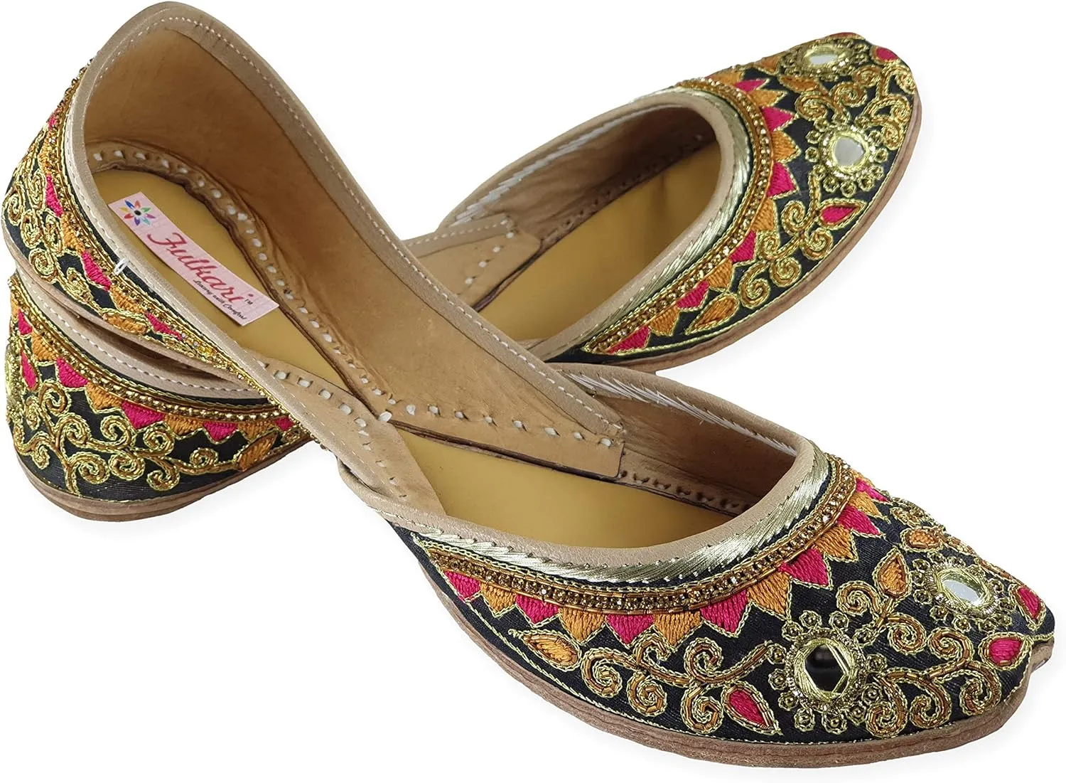 Women's Gulbahaar Gold Multicolor Genuine Soft Leather Juttis | Bite and Pinch Free Jutis | Punjabi Jutti For Ladies | Wedding Flat Stylish Mojari | Bridal Ethnic Flats For Girls |