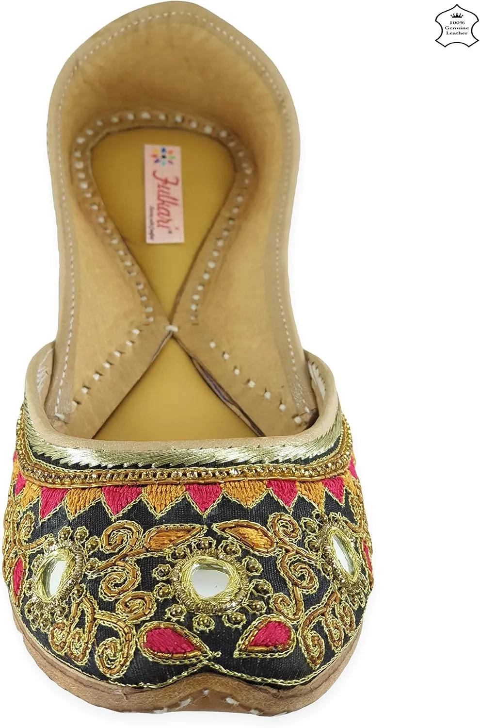 Women's Gulbahaar Gold Multicolor Genuine Soft Leather Juttis | Bite and Pinch Free Jutis | Punjabi Jutti For Ladies | Wedding Flat Stylish Mojari | Bridal Ethnic Flats For Girls |
