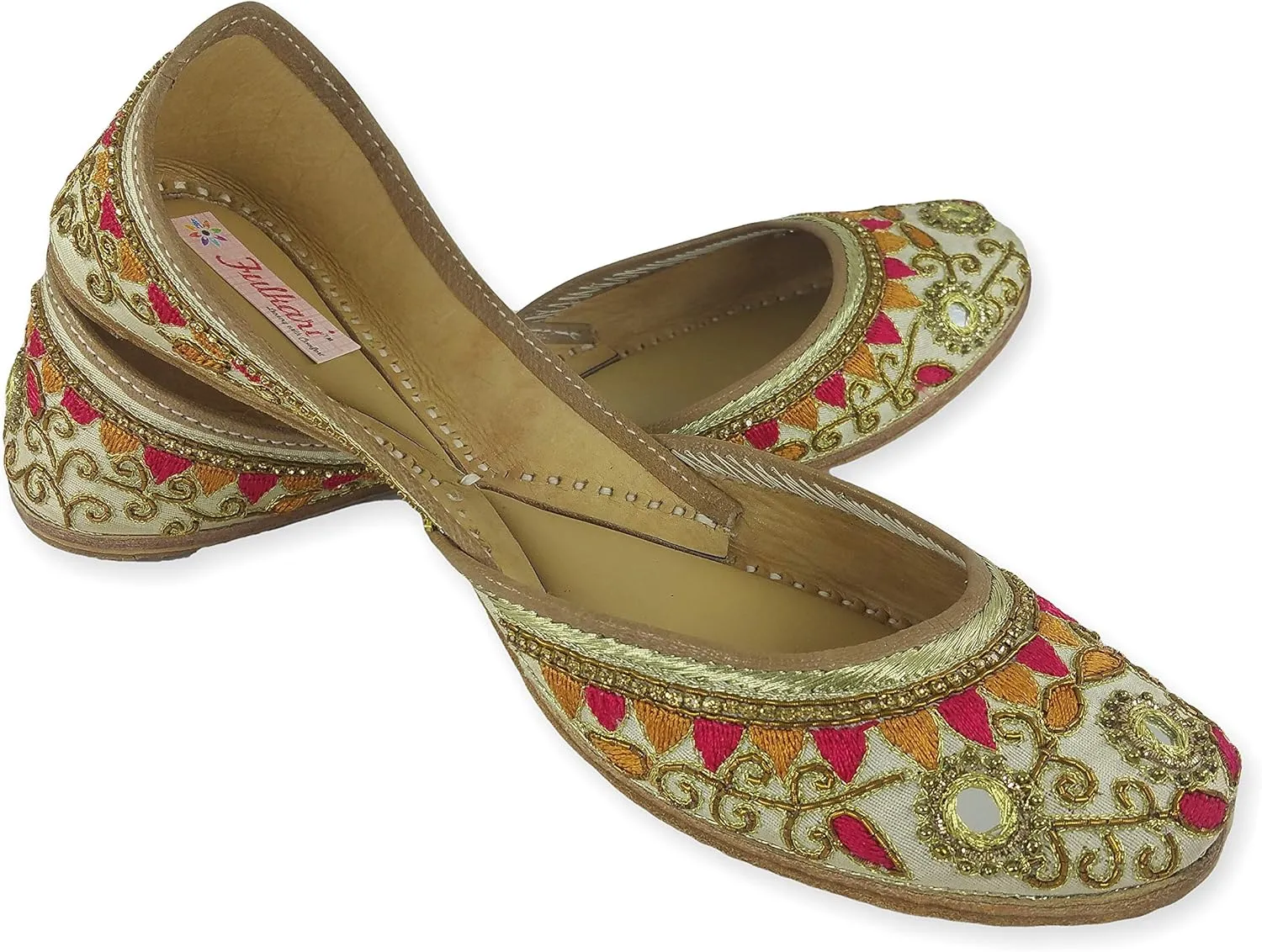 Women's Gulbahaar Gold Multicolor Genuine Soft Leather Juttis | Bite and Pinch Free Jutis | Punjabi Jutti For Ladies | Wedding Flat Stylish Mojari | Bridal Ethnic Flats For Girls |