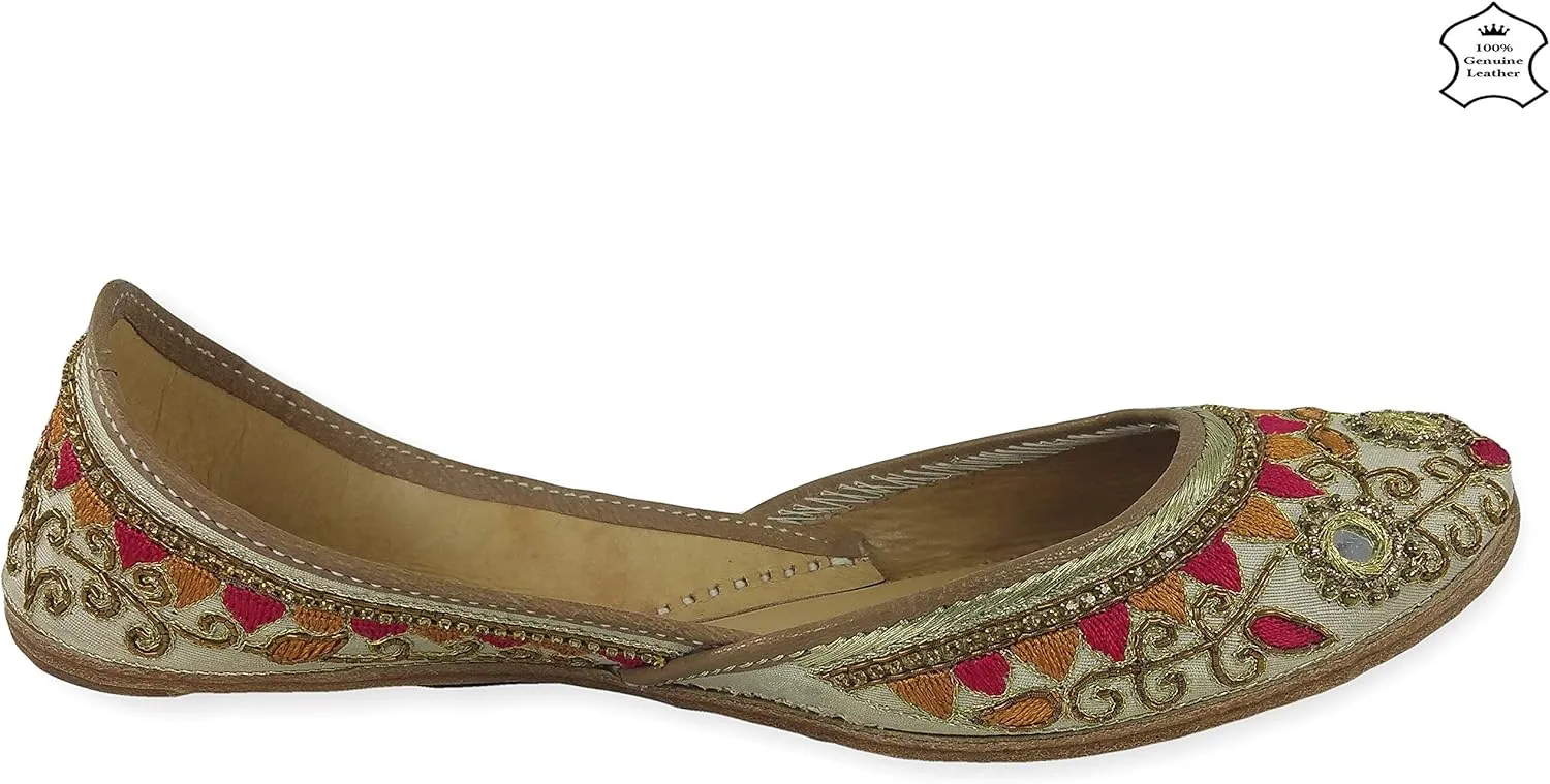 Women's Gulbahaar Gold Multicolor Genuine Soft Leather Juttis | Bite and Pinch Free Jutis | Punjabi Jutti For Ladies | Wedding Flat Stylish Mojari | Bridal Ethnic Flats For Girls |