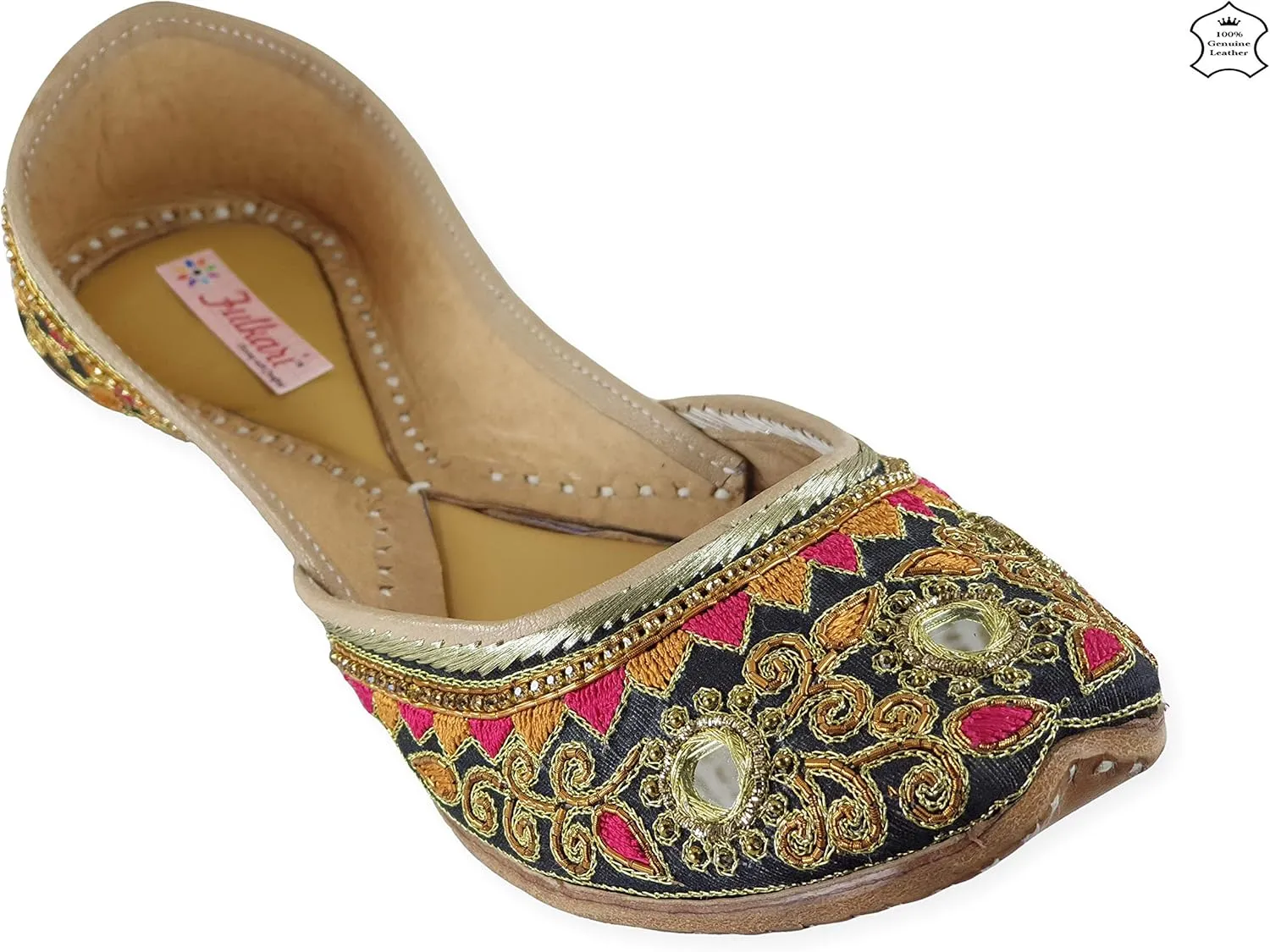 Women's Gulbahaar Gold Multicolor Genuine Soft Leather Juttis | Bite and Pinch Free Jutis | Punjabi Jutti For Ladies | Wedding Flat Stylish Mojari | Bridal Ethnic Flats For Girls |