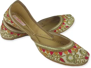 Women's Gulbahaar Gold Multicolor Genuine Soft Leather Juttis | Bite and Pinch Free Jutis | Punjabi Jutti For Ladies | Wedding Flat Stylish Mojari | Bridal Ethnic Flats For Girls |