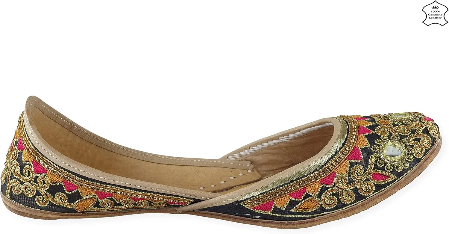 Women's Gulbahaar Gold Multicolor Genuine Soft Leather Juttis | Bite and Pinch Free Jutis | Punjabi Jutti For Ladies | Wedding Flat Stylish Mojari | Bridal Ethnic Flats For Girls |