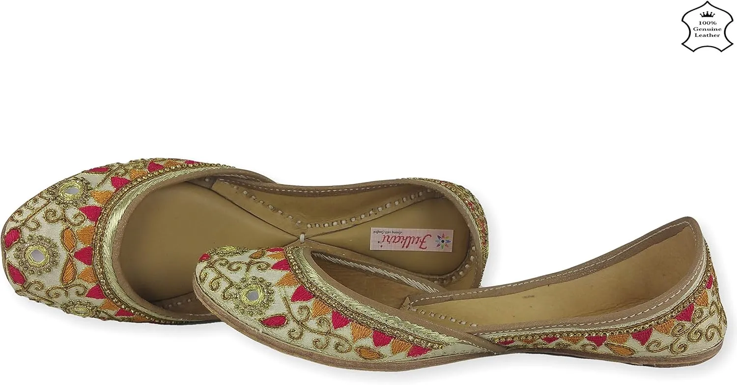 Women's Gulbahaar Gold Multicolor Genuine Soft Leather Juttis | Bite and Pinch Free Jutis | Punjabi Jutti For Ladies | Wedding Flat Stylish Mojari | Bridal Ethnic Flats For Girls |