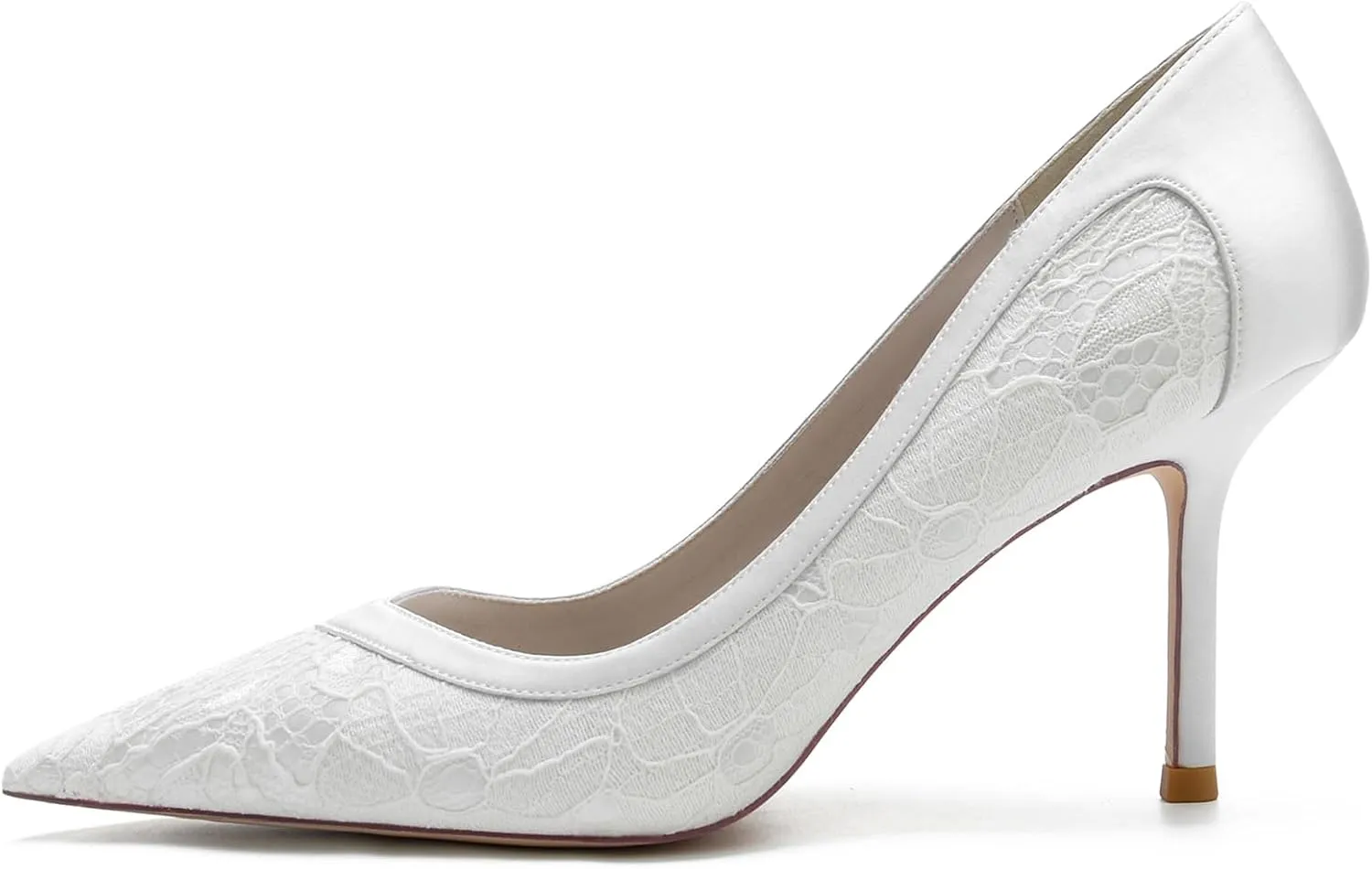 Women's Lace Satin Pointed Toe Heels Pumps Wedding Bridal Dress Shoes Classic Slip on Evening Prom Party Sandals