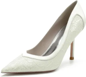 Women's Lace Satin Pointed Toe Heels Pumps Wedding Bridal Dress Shoes Classic Slip on Evening Prom Party Sandals
