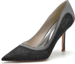 Women's Lace Satin Pointed Toe Heels Pumps Wedding Bridal Dress Shoes Classic Slip on Evening Prom Party Sandals