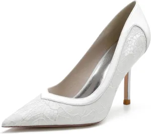 Women's Lace Satin Pointed Toe Heels Pumps Wedding Bridal Dress Shoes Classic Slip on Evening Prom Party Sandals