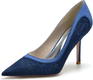 Women's Lace Satin Pointed Toe Heels Pumps Wedding Bridal Dress Shoes Classic Slip on Evening Prom Party Sandals
