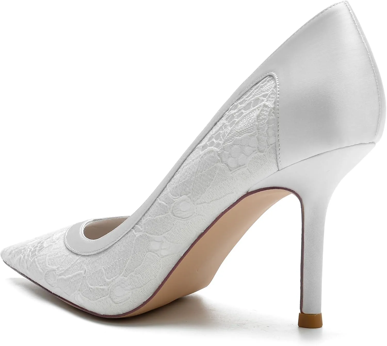 Women's Lace Satin Pointed Toe Heels Pumps Wedding Bridal Dress Shoes Classic Slip on Evening Prom Party Sandals