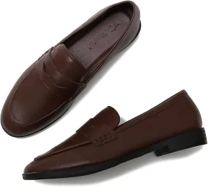 Women's Leather Flat Penny Loafers Slip On Casual Comfort Moccasin Walking Shoes Driving Office Work Dressy Shoes