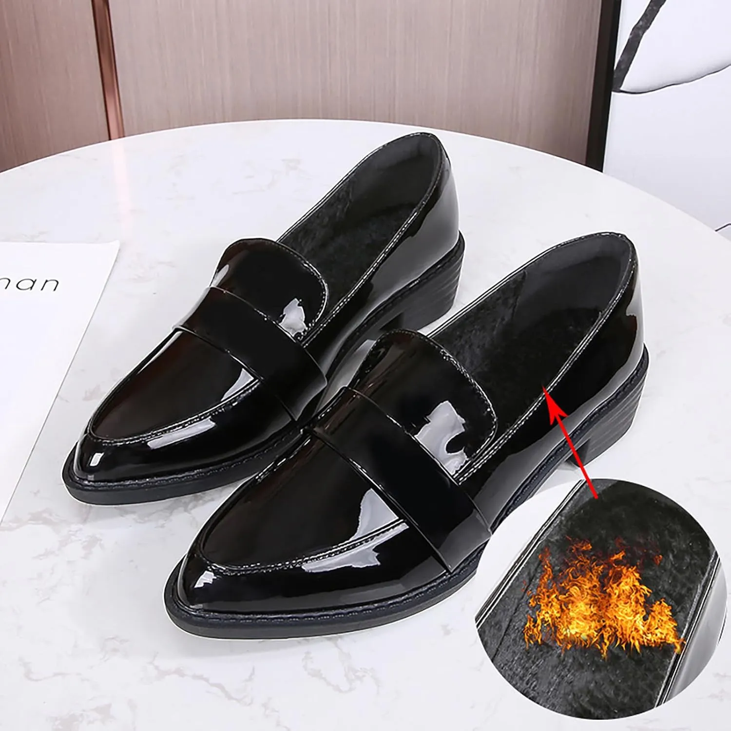 Women's Leather Pointed Toe Low Chunky Heel Dress Penny Loafers Fall Fashion Slip-On Comfortable Mid Block Heel Walking Pumps Business Office Work Shoes