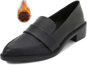 Women's Leather Pointed Toe Low Chunky Heel Dress Penny Loafers Fall Fashion Slip-On Comfortable Mid Block Heel Walking Pumps Business Office Work Shoes