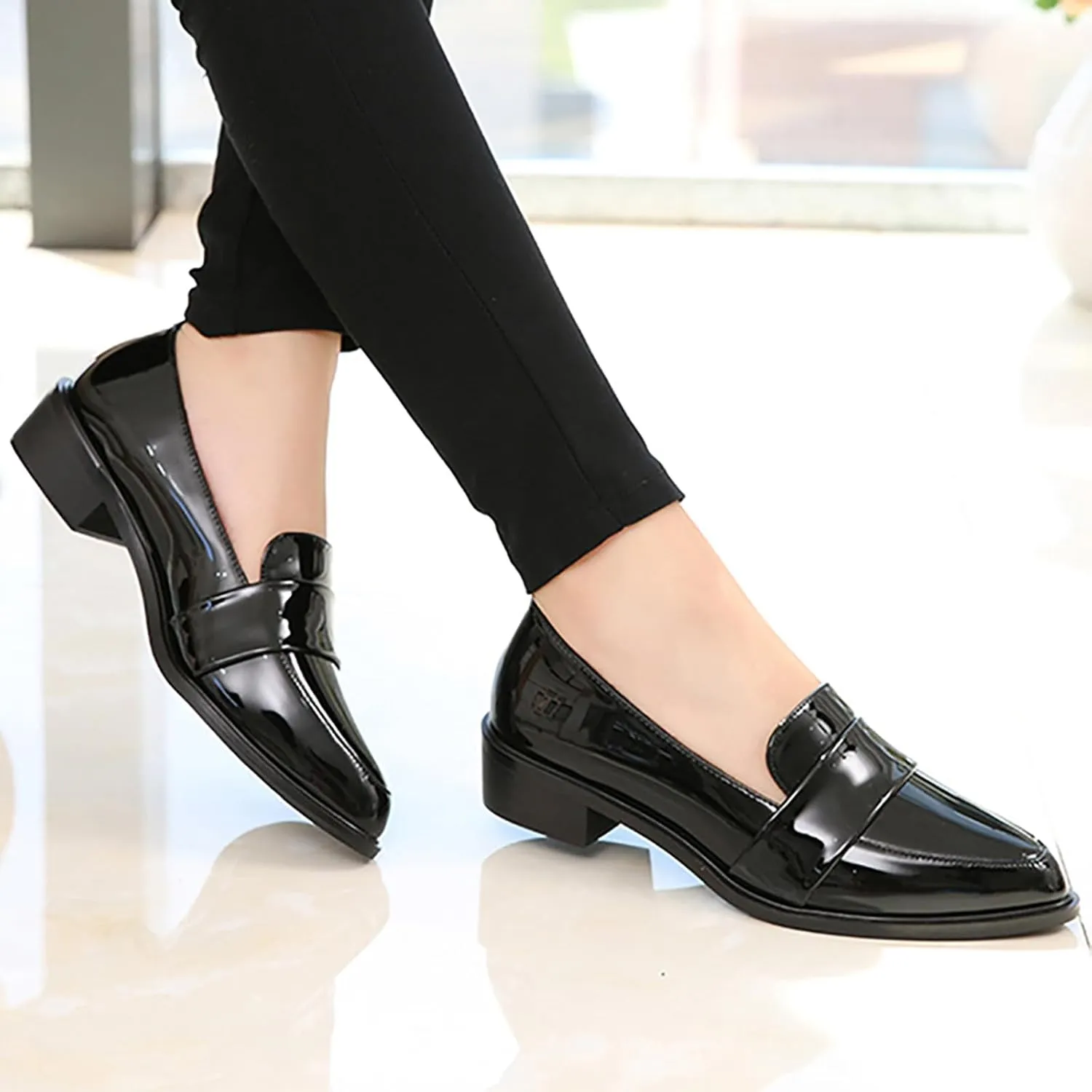 Women's Leather Pointed Toe Low Chunky Heel Dress Penny Loafers Fall Fashion Slip-On Comfortable Mid Block Heel Walking Pumps Business Office Work Shoes