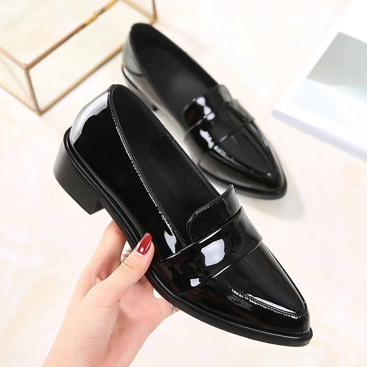 Women's Leather Pointed Toe Low Chunky Heel Dress Penny Loafers Fall Fashion Slip-On Comfortable Mid Block Heel Walking Pumps Business Office Work Shoes