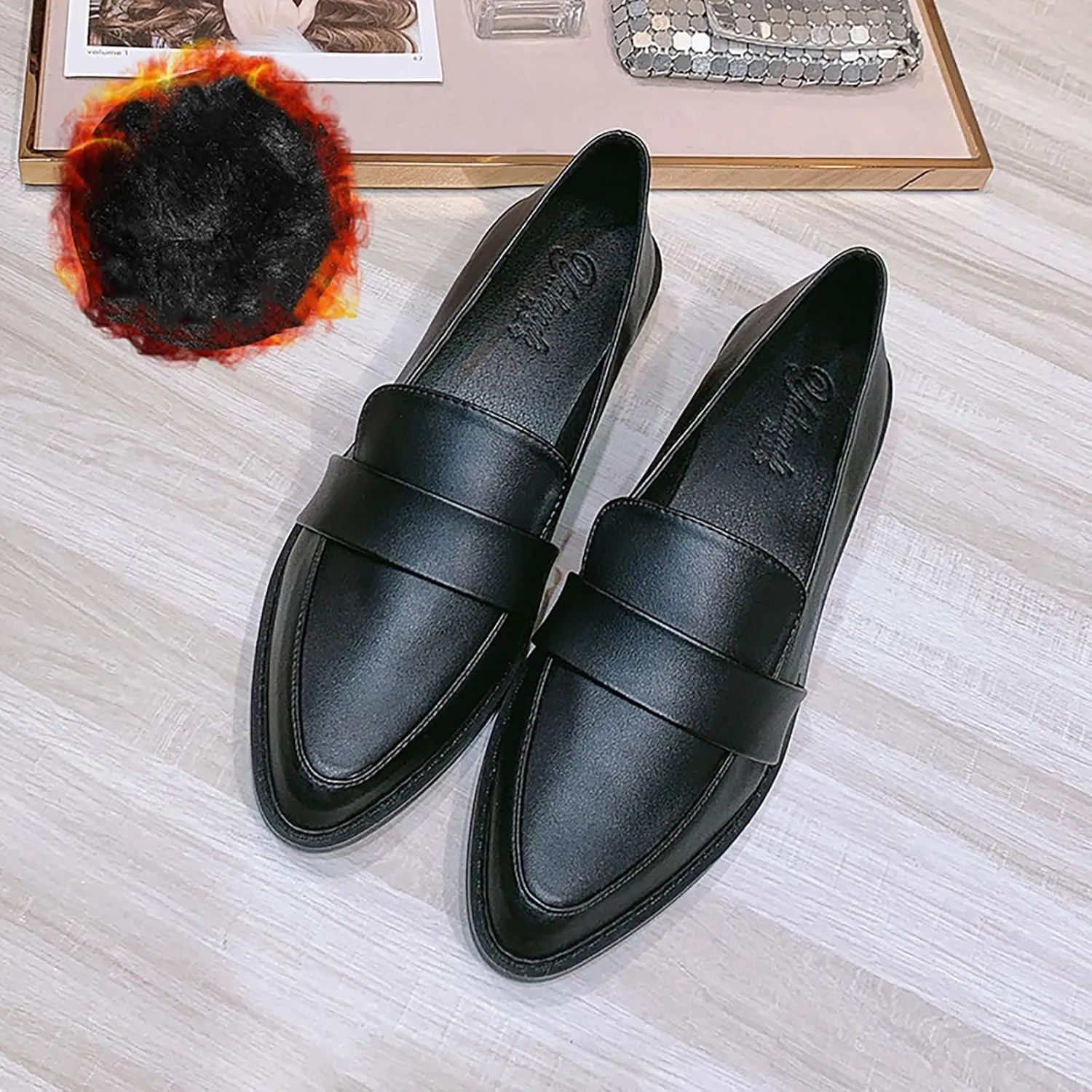 Women's Leather Pointed Toe Low Chunky Heel Dress Penny Loafers Fall Fashion Slip-On Comfortable Mid Block Heel Walking Pumps Business Office Work Shoes