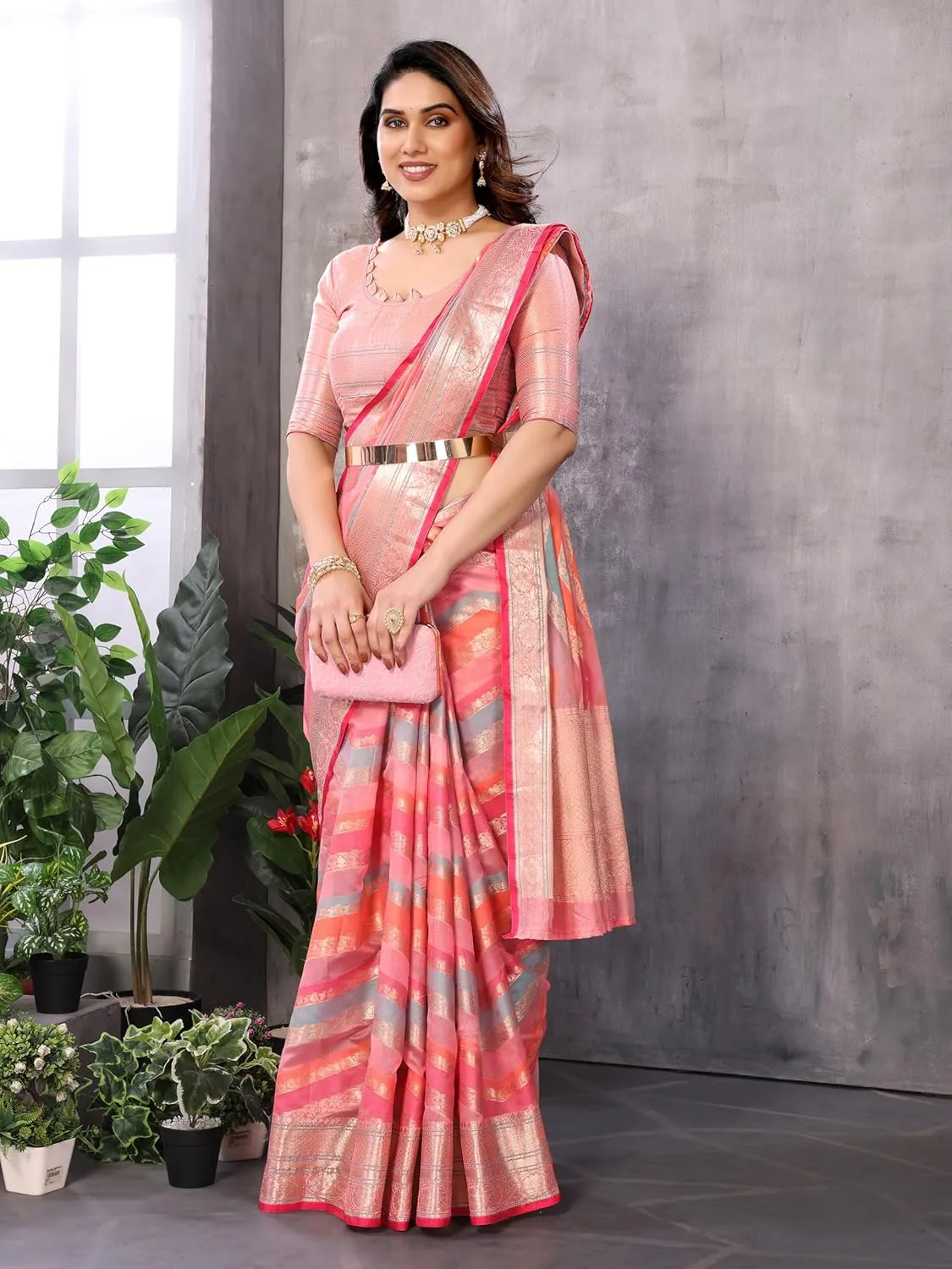 Women's Organza Golden Zari Jacquard Boarder & Pallu ZigZag Saree With Unstitched Blouse Piece (Maharani)