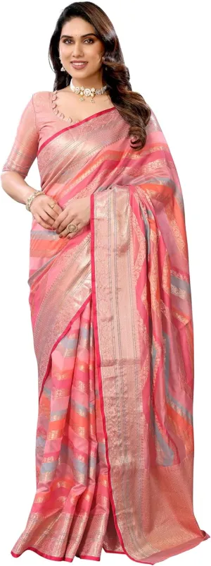 Women's Organza Golden Zari Jacquard Boarder & Pallu ZigZag Saree With Unstitched Blouse Piece (Maharani)