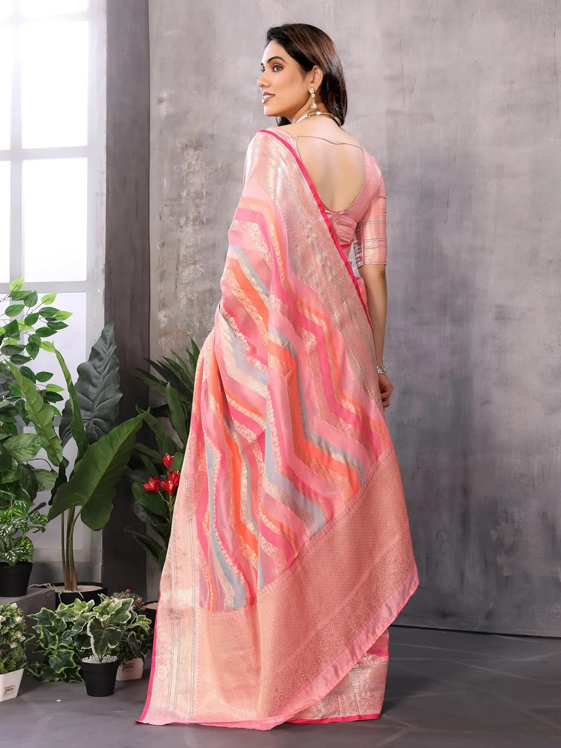 Women's Organza Golden Zari Jacquard Boarder & Pallu ZigZag Saree With Unstitched Blouse Piece (Maharani)
