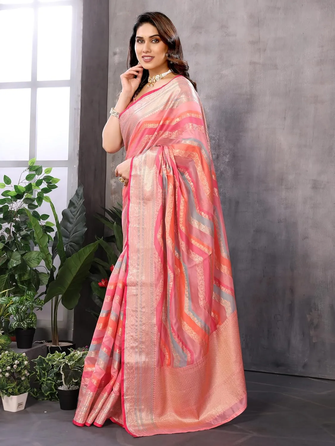 Women's Organza Golden Zari Jacquard Boarder & Pallu ZigZag Saree With Unstitched Blouse Piece (Maharani)