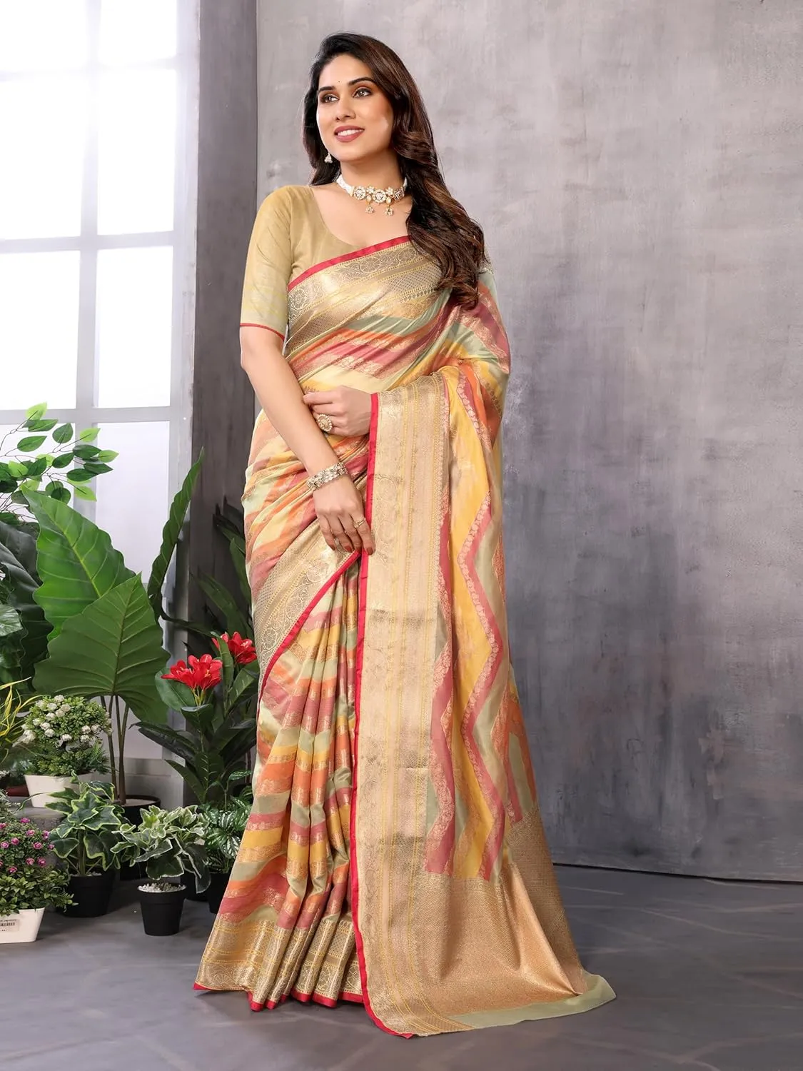 Women's Organza Golden Zari Jacquard Boarder & Pallu ZigZag Saree With Unstitched Blouse Piece (Maharani)