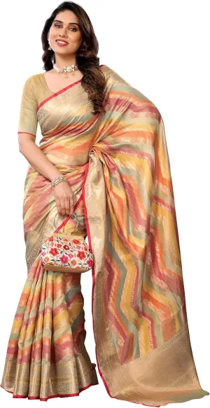 Women's Organza Golden Zari Jacquard Boarder & Pallu ZigZag Saree With Unstitched Blouse Piece (Maharani)