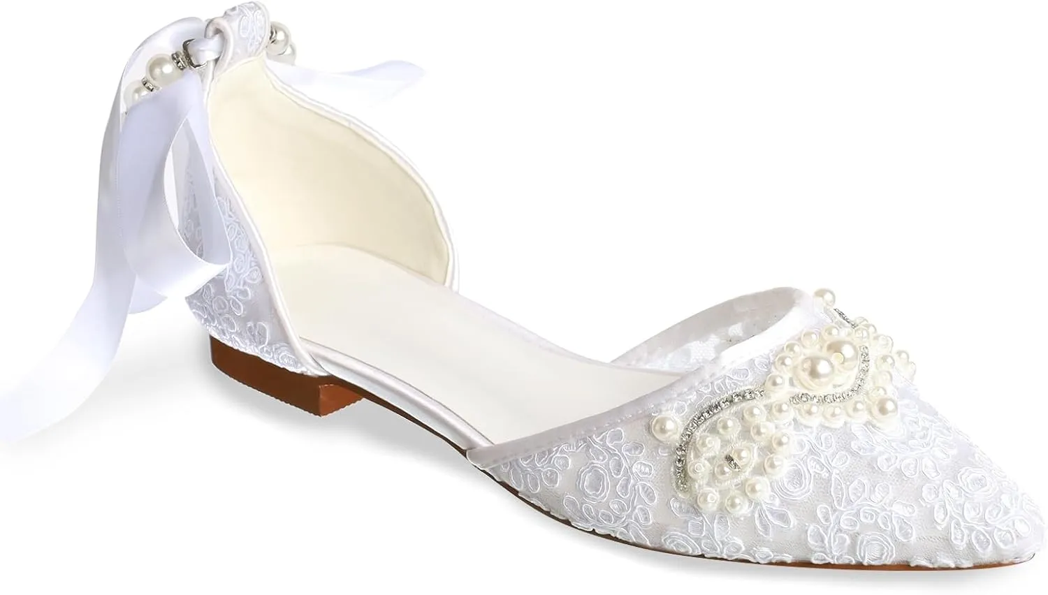 Women's Pearl Ivory Flat Wedding Shoes for Bride Lace Rhinestones Pointed Toe Comfortable Bridal Dress Shoes