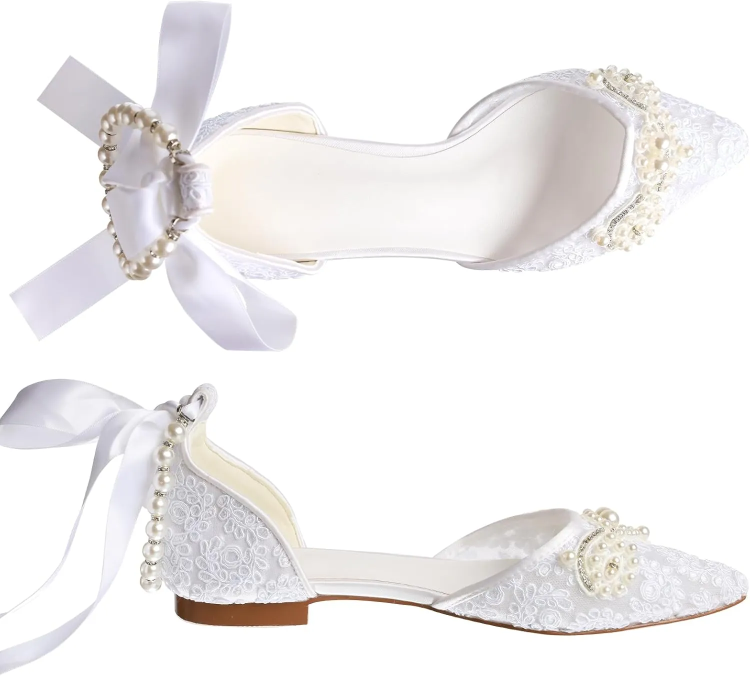 Women's Pearl Ivory Flat Wedding Shoes for Bride Lace Rhinestones Pointed Toe Comfortable Bridal Dress Shoes