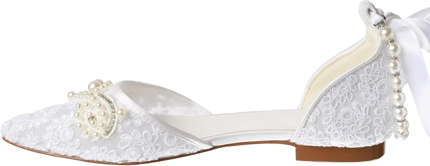 Women's Pearl Ivory Flat Wedding Shoes for Bride Lace Rhinestones Pointed Toe Comfortable Bridal Dress Shoes