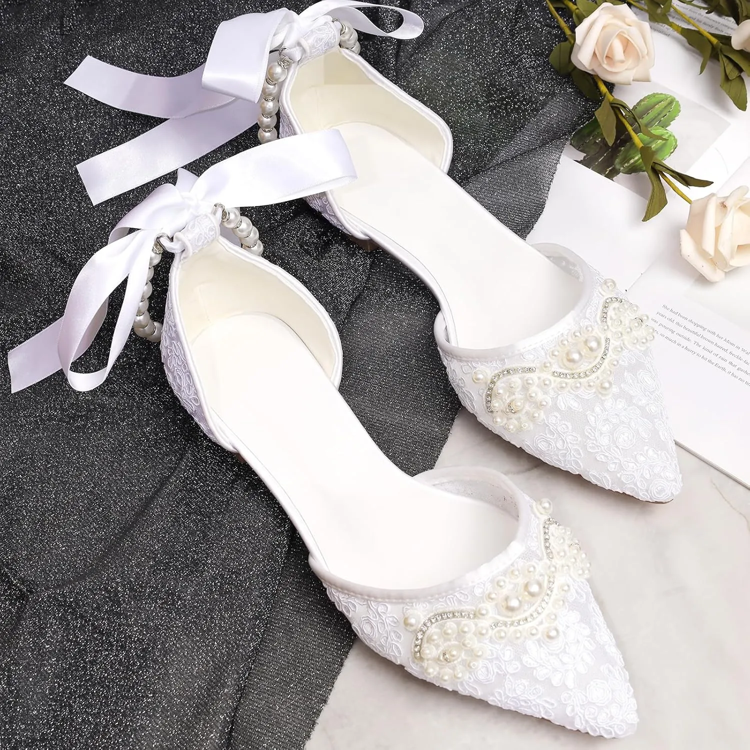 Women's Pearl Ivory Flat Wedding Shoes for Bride Lace Rhinestones Pointed Toe Comfortable Bridal Dress Shoes