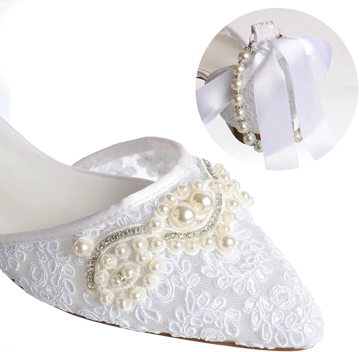 Women's Pearl Ivory Flat Wedding Shoes for Bride Lace Rhinestones Pointed Toe Comfortable Bridal Dress Shoes