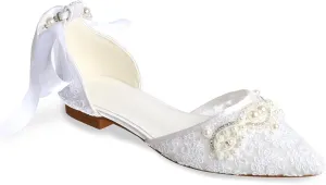 Women's Pearl Ivory Flat Wedding Shoes for Bride Lace Rhinestones Pointed Toe Comfortable Bridal Dress Shoes