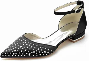 Women's Pointed Closed Toe Satin Wedding Flats for Bride Shoes with Ankle Buckle Strap Crystals Prom Party Pumps Sandals