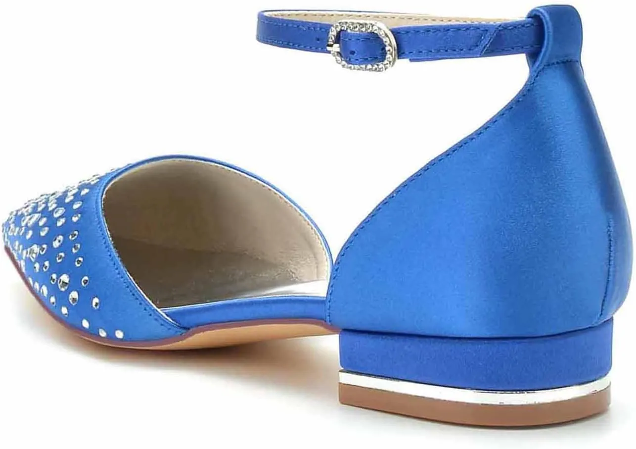Women's Pointed Closed Toe Satin Wedding Flats for Bride Shoes with Ankle Buckle Strap Crystals Prom Party Pumps Sandals