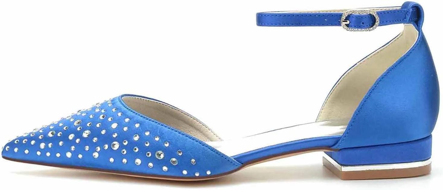 Women's Pointed Closed Toe Satin Wedding Flats for Bride Shoes with Ankle Buckle Strap Crystals Prom Party Pumps Sandals