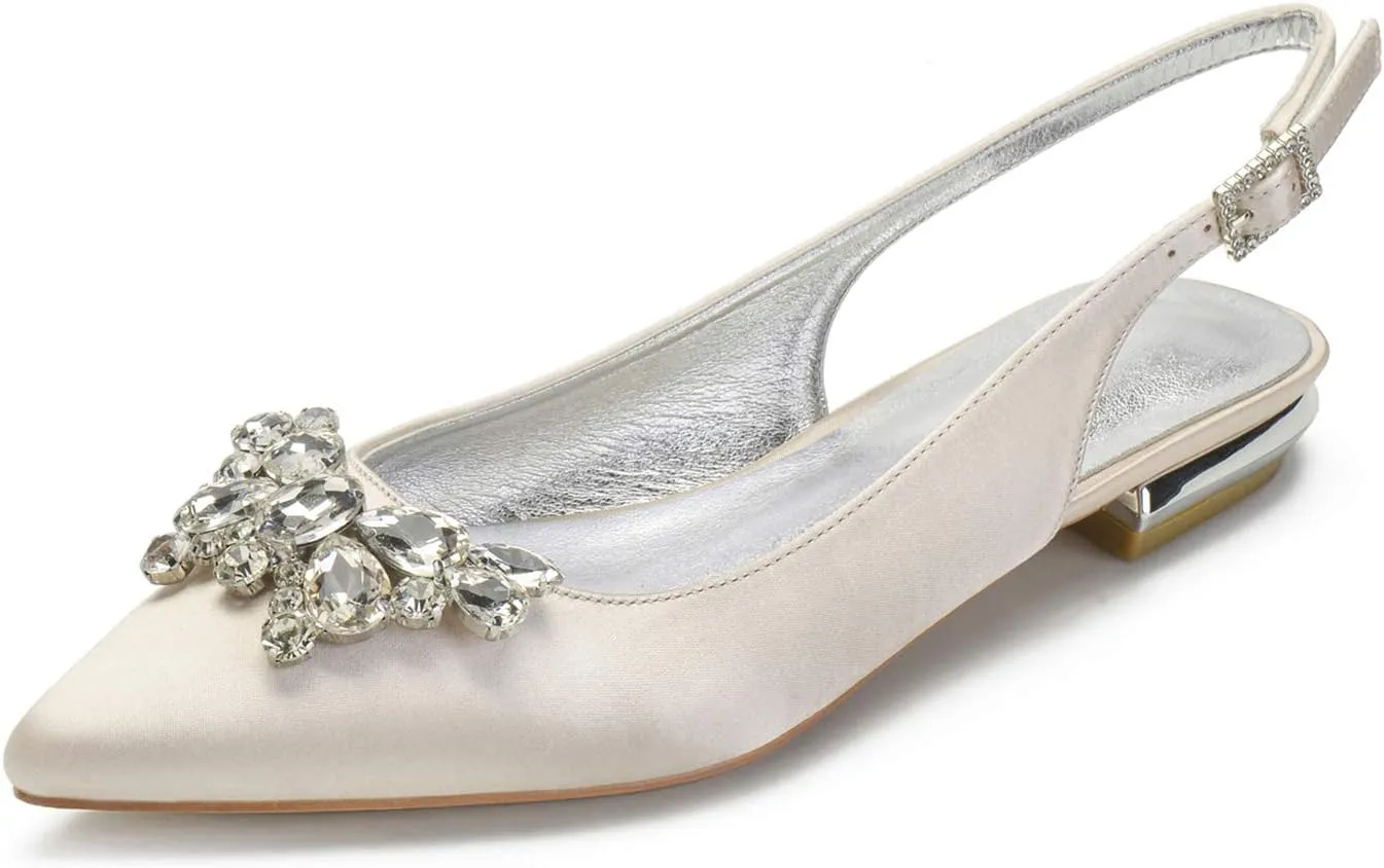 Women's Pointed Toe Slingback Flat Ballet Rhinestone Shoes Satin Evening Party Dress Wedding Bridal Shoes