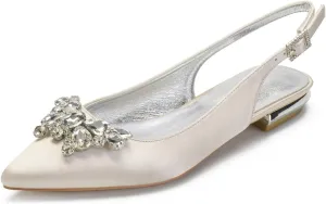 Women's Pointed Toe Slingback Flat Ballet Rhinestone Shoes Satin Evening Party Dress Wedding Bridal Shoes