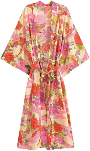 Women’S Print Bohemian Kimono Cardigan Midi Length Loose Blouse Lace-Up Sash Ethnic Holiday Robe