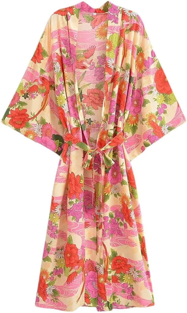 Women’S Print Bohemian Kimono Cardigan Midi Length Loose Blouse Lace-Up Sash Ethnic Holiday Robe