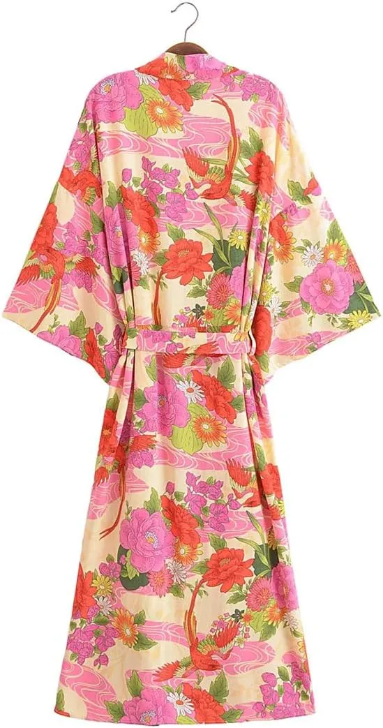 Women’S Print Bohemian Kimono Cardigan Midi Length Loose Blouse Lace-Up Sash Ethnic Holiday Robe