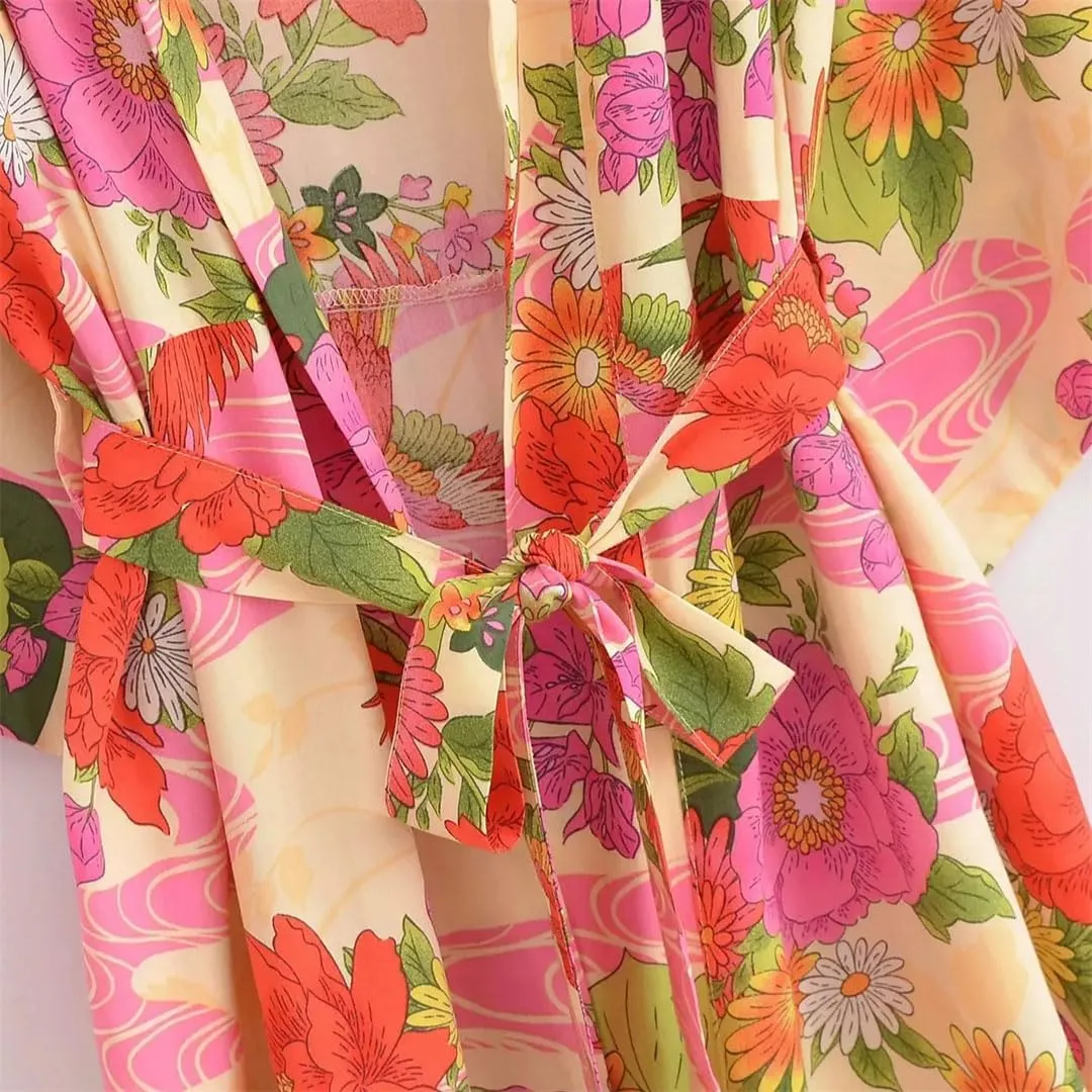 Women’S Print Bohemian Kimono Cardigan Midi Length Loose Blouse Lace-Up Sash Ethnic Holiday Robe
