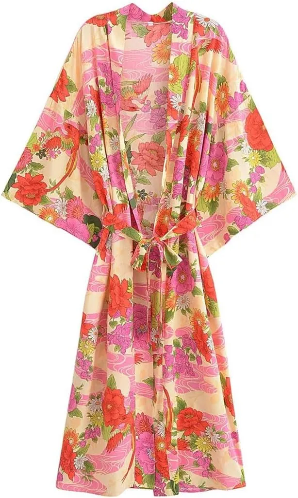 Women’S Print Bohemian Kimono Cardigan Midi Length Loose Blouse Lace-Up Sash Ethnic Holiday Robe