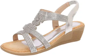 Womens Sandal Bohemia Glitter Love Pattern Flats Open Toe Ankle Strap Beach Sandal Comfortable Summer Dress Shoes