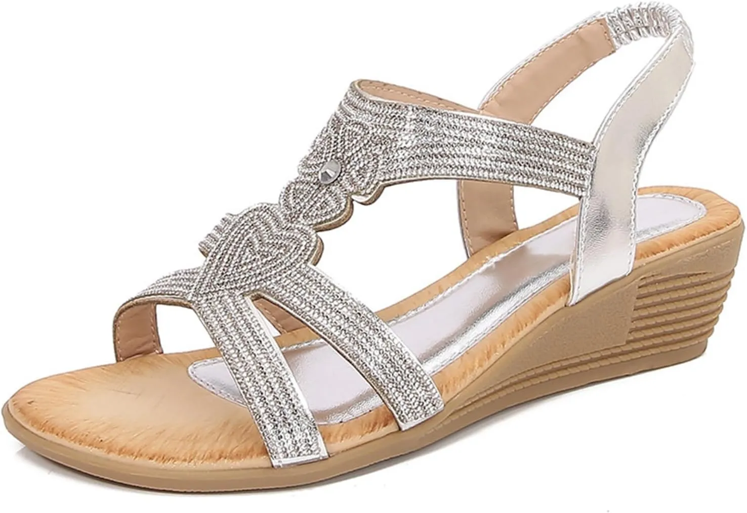 Womens Sandal Bohemia Glitter Love Pattern Flats Open Toe Ankle Strap Beach Sandal Comfortable Summer Dress Shoes
