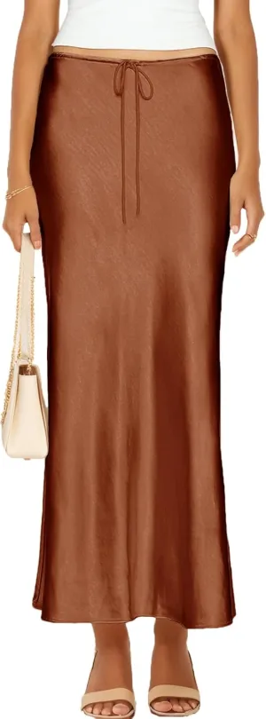 Womens Satin Silk Maxi Skirts Drawstring Flared Casual A-Line Long Skirt for Women